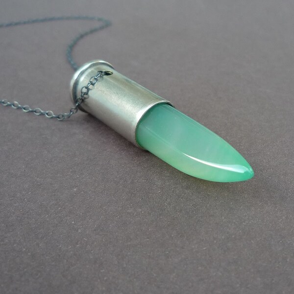 green agate silver bullet necklace in oxidized sterling