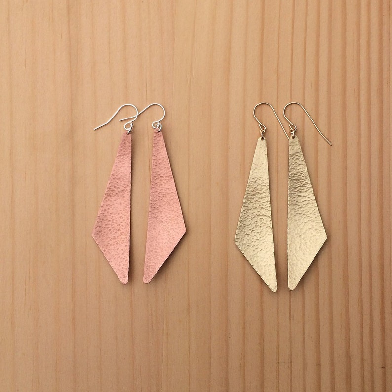 Hammered Triangle Earrings in Copper or Brass, Statement Earrings image 1