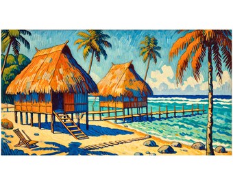 Sueño tahitiano: Idílicos bungalows sobre el agua al atardecer - Descarga digital costera vibrante