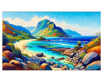Arte mural imprimible con paisaje playero tropical: descarga digital de una vibrante costa oceánica