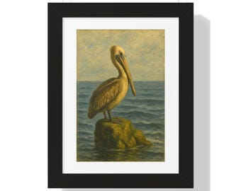 May include: A painting of a brown pelican perched on a rock in the ocean. The pelican has a long beak and is looking to the left. The ocean is a deep blue and the sky is a light blue.