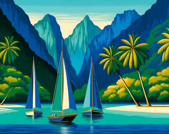 Impresión de velero tropical: arte vibrante de paisaje playero (descarga digital)