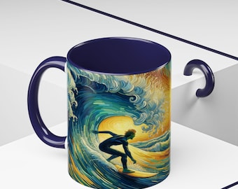 Taza de café con olas al atardecer: Arte surfista del océano - 325 ml/400 ml