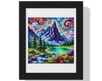 Impresión de paisaje montañoso vibrante: arte natural colorido, decoración de pared enmarcada