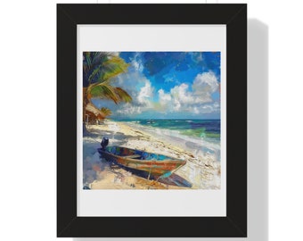 Escena tranquila de la playa del Mar de Cortés con barco pesquero - Impresión artística colorida para pared costera