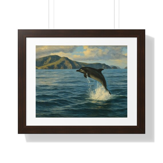 イルカのウォールアート：額入りオーシャンプリント、海岸風装飾 