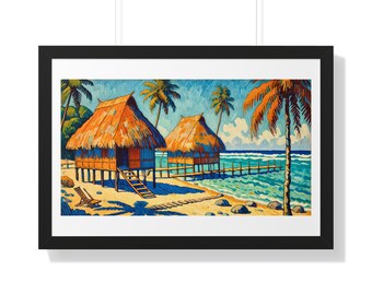 Sueño tahitiano: idílicos bungalows sobre el agua al atardecer - Pintura costera vibrante