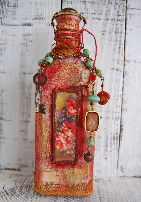 Items similar to Altered Art Bottle Poppies on Etsy