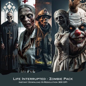 Das Leben unterbrochen- Halloween-Grafiken - Filmische Zombies - Zombie-Braut - Zombie-Priester - Zombie-Clown - Feiertags-Dekor - wandelnde Tote