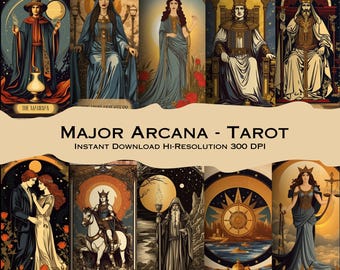 Arte de las cartas del Tarot de los Arcanos Mayores - El viaje de los locos - Descarga instantánea - Juego completo de 22 cartas - Art Nouveau - Arte digital esotérico - Arte oculto - Tarot retro