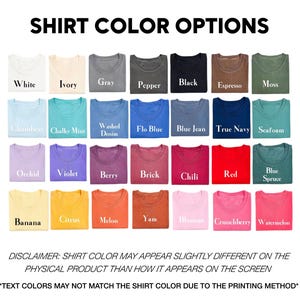 May include: Image showcasing a variety of t-shirt color options, including white, black, red, and blue. Each color is displayed on a folded t-shirt, with the color name printed below. The text at the top reads "SHIRT COLOR OPTIONS".