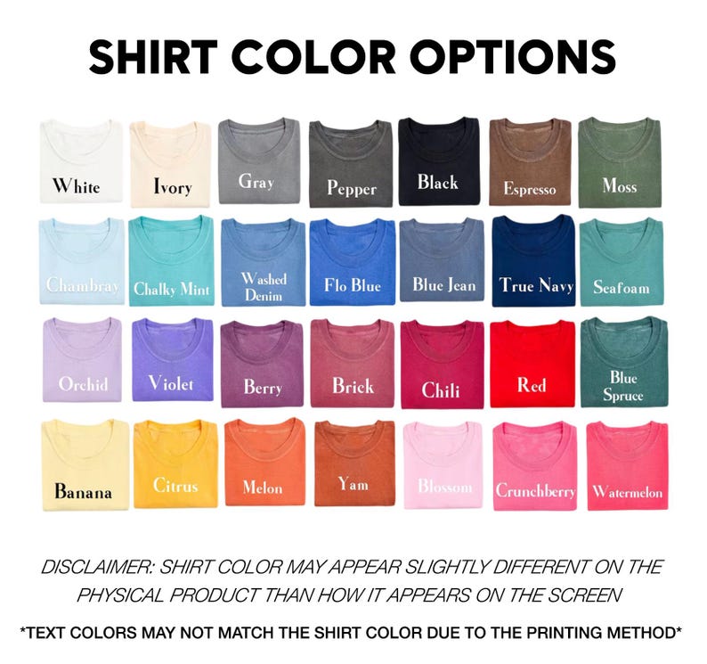 May include: Image showcasing a variety of t-shirt color options, including white, black, red, and blue. Each color is displayed on a folded t-shirt, with the color name printed below. The text at the top reads "SHIRT COLOR OPTIONS".