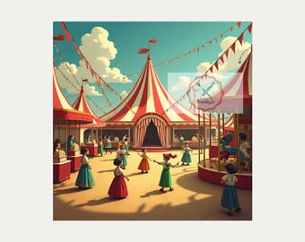 May include: Digital illustration of a circus scene with red and white striped tents, a carousel, and people in vintage clothing. The sky is blue with fluffy white clouds. Red pennants hang from the tent tops.