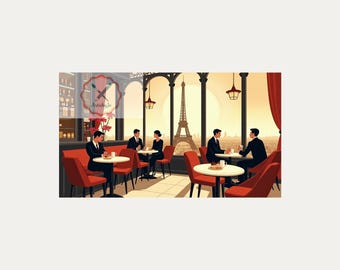 Parisian Café Print, Eiffel Tower Window View, French Restaurant Art, Paris Travel Decor, Instant Download