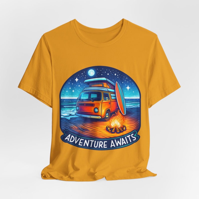 Adventure Awaits Camping T-Shirt, Perfect Gift for campers and digital nomads, Unisex Organic Soft Graphic T-Shirt, Fun and Chic T-Shirt in Mustard