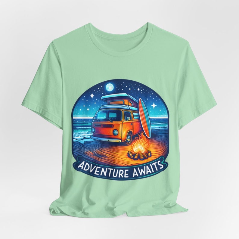 Adventure Awaits Camping T-Shirt, Perfect Gift for campers and digital nomads, Unisex Organic Soft Graphic T-Shirt, Fun and Chic T-Shirt in Mint