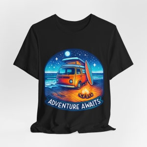 Adventure Awaits Camping T-Shirt, Perfect Gift for campers and digital nomads, Unisex Organic Soft Graphic T-Shirt, Fun and Chic T-Shirt in Black