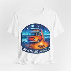 Adventure Awaits Camping T-Shirt, Perfect Gift for campers and digital nomads, Unisex Organic Soft Graphic T-Shirt, Fun and Chic T-Shirt in White