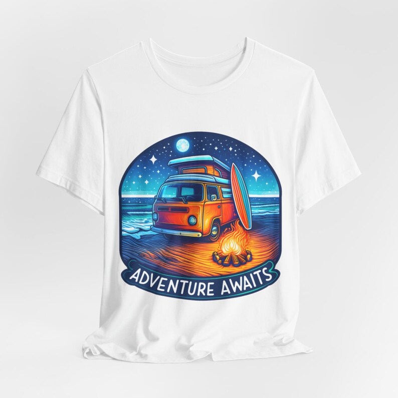 Adventure Awaits Camping T-Shirt, Perfect Gift for campers and digital nomads, Unisex Organic Soft Graphic T-Shirt, Fun and Chic T-Shirt in White