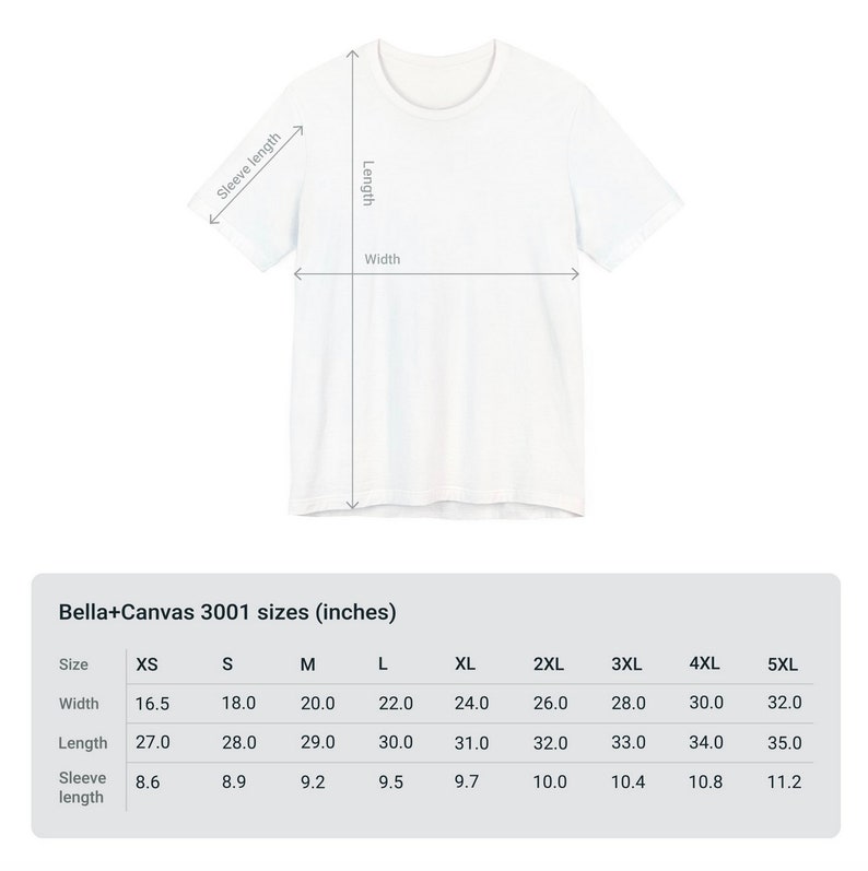 May include: A size chart for Bella+Canvas 3001 t-shirts, showing measurements in inches for width, length, and sleeve length for sizes XS through 5XL.