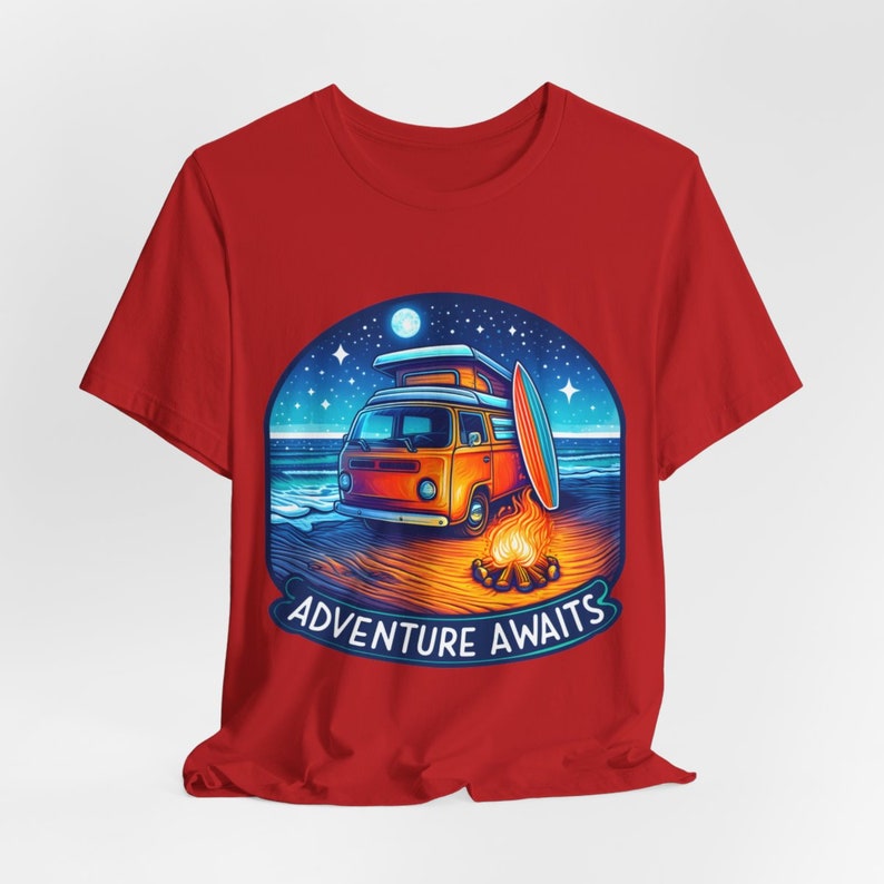 Adventure Awaits Camping T-Shirt, Perfect Gift for campers and digital nomads, Unisex Organic Soft Graphic T-Shirt, Fun and Chic T-Shirt in Red