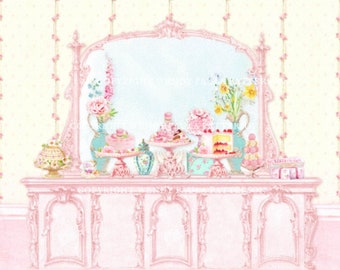 Puppenhaus Miniatur Kulisse, 1/6, 1/12 Shabby rosa Kommode mit Kuchen, Wandplatte, Roombox, Diorama, bedruckbar