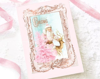 Pink Santa Claus Christmas card, pink holiday printable, digital download