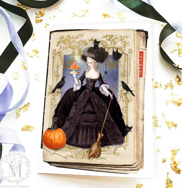 Halloween witch card, Marie Antoinette, Halloween pumpkin, Gothic, holiday card