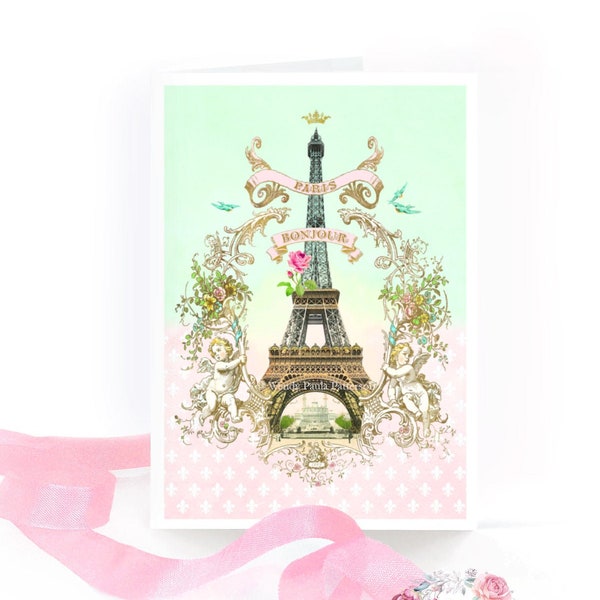 Tarjeta de la Torre Eiffel, Bonjour de París, viajes franceses, tarjeta hola