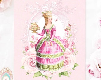 Marie Antoinette flowers, tea and cake, 8 x 10 art print, digital download