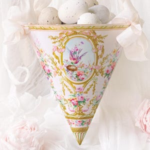 Papieren kegel, afdrukbaar, lentebloemen, Tussie Mussie, bruiloft, paasdecor, digitale download