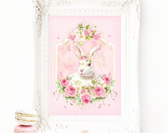 Easter Bunny, White Rabbit, Pink Roses, printable card, art print, gift tags, digital download