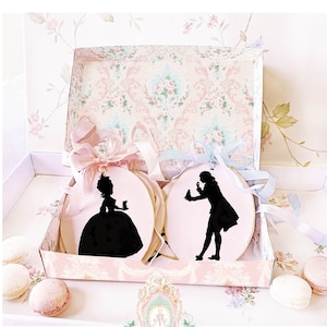 Franse geschenkdoos en cadeaulabel afdrukbaar, Mesdemoiselle et Messieurs-silhouet, cameeën, decor bruiloft evenement, digitale download