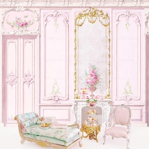 Puppenstube Miniatur Wandbild, Rokoko Tafeln in rosa mit Kamin, printable Download