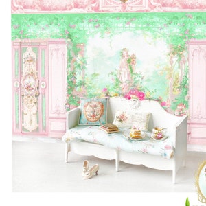 Trompe l'oeil garden backdrop, dollhouse miniature wallpaper, Printable Download, doll house decor, roombox image 3