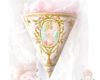 Marie Antoinette Paper Cone, ornament printable, Tussie Mussie, pink, holiday decor, digital download