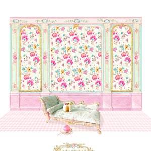 Chinoiserie wallpaper diorama, digital download, miniature roombox, display backdrop, doll, dollhouse decor, A4, A3