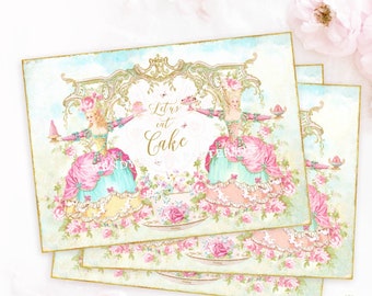 Marie Antoinette, Let us eat cake card, invitation, paper doll, garden party, printable