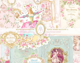 Puede incluir: Una colección de papeles para álbumes de recortes imprimibles con María Antonieta, rosas rosadas, marcos dorados ornamentados y etiquetas francesas vintage. El texto dice Marie Antoinette Paris Roses Edition 2 Printable Journal Scrapbook Papers, Eau de Toilette y Belle Jardiniere.