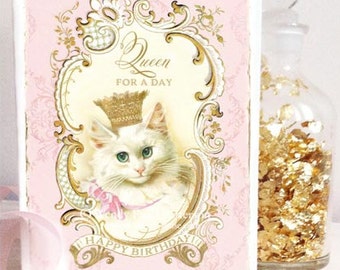 Cat card, Queen for a day, pink, Mothers day card, birthday card, friendship card, blank inside