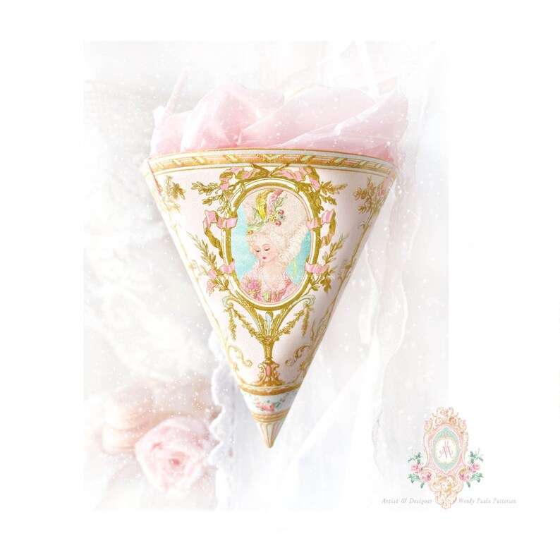 Marie Antoinette Paper Cone, ornament printable, Tussie Mussie, pink, holiday decor, digital download image 1