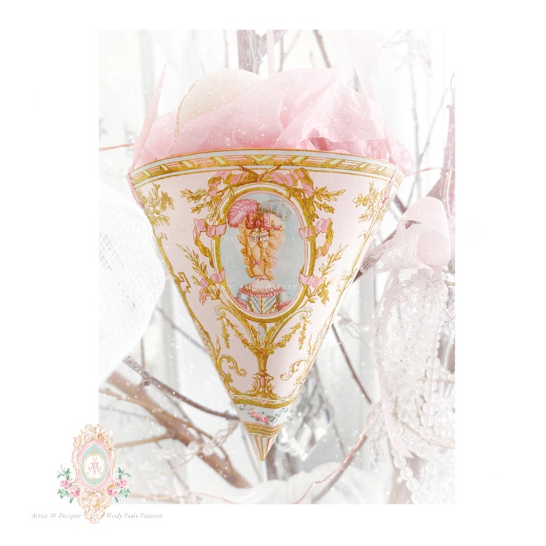 Marie Antoinette Paper Cone, ornament printable, Tussie Mussie, pink, holiday decor, digital download image 3