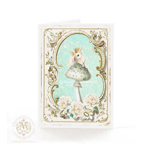 Bunny rabbit card, Easter card, Christmas card, Easter bunny, woodland, gold crown, mushroom, wings, aqua blue, white Christmas, roses
