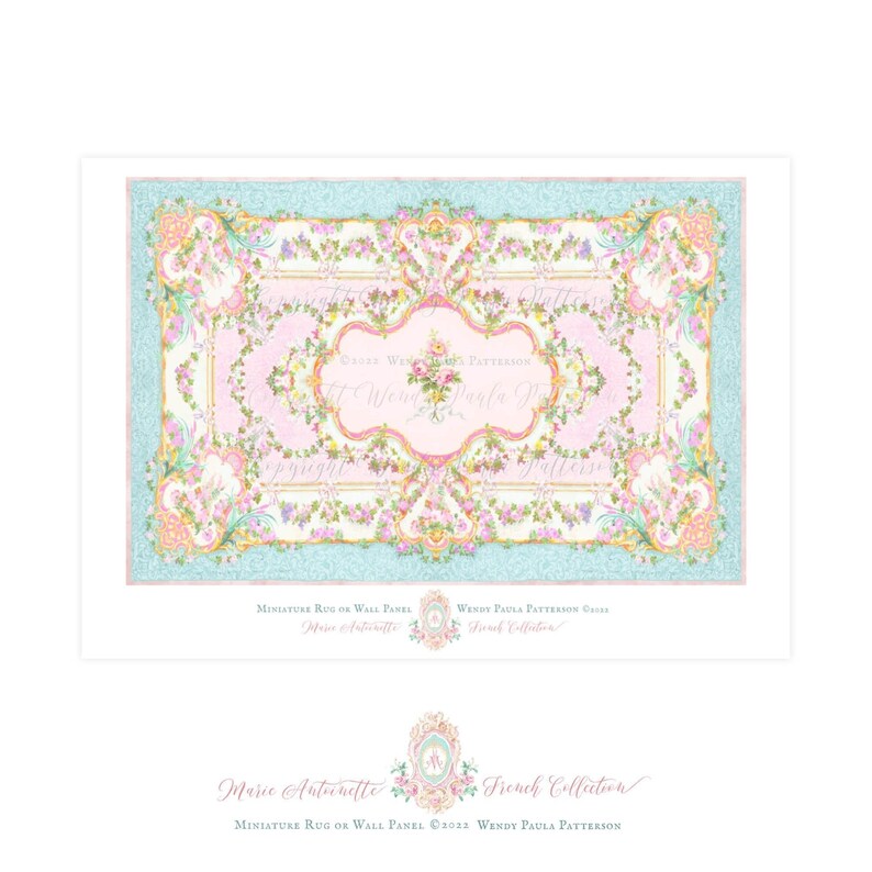 Shabby Rose Rug, Tapestry, Mural, dollhouse miniature 1/12th scale, Printable digital download, doll's house decor, roombox