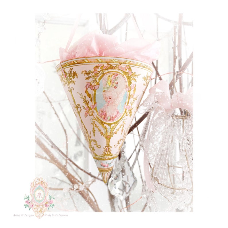 Marie Antoinette Paper Cone, ornament printable, Tussie Mussie, pink, holiday decor, digital download image 2