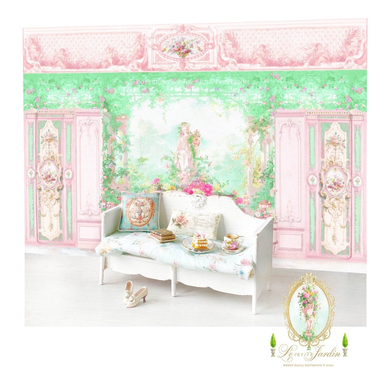 Trompe l'oeil garden backdrop, dollhouse miniature wallpaper, Printable Download, doll house decor, roombox image 3