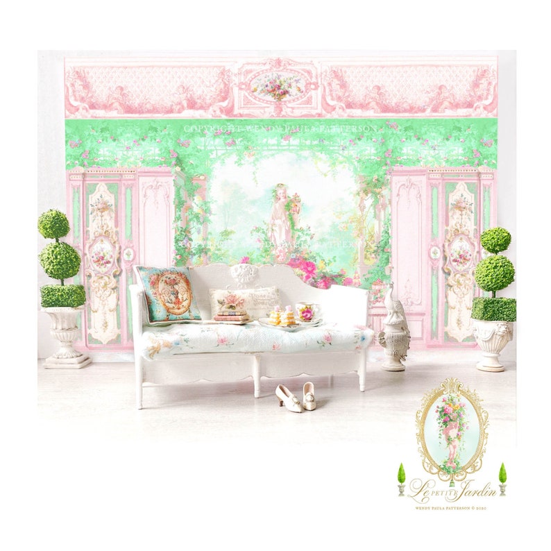 Trompe l'oeil garden backdrop, dollhouse miniature wallpaper, Printable Download, doll house decor, roombox image 2