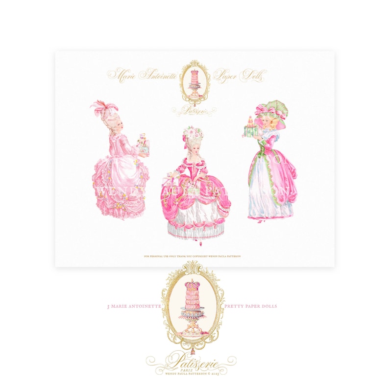 French Patisserie wallpaper, Marie Antoinette paper doll, miniatures, printable download, doll's house decor image 5