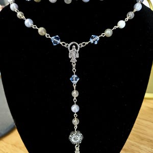 Custom Pale Dusty Powder Blue Rosary – Handmade with Glass, Natural Stone & Preciosa® Beads – Silver Plated – Catholic Gift