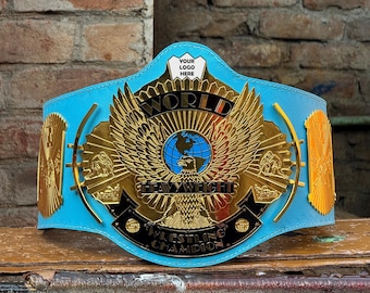 WWF World Heavyweight Championship Replica Belt Blue Strap Gold Plates Vintage Style Wrestling Collectible Display Gift for Fans Home Decor